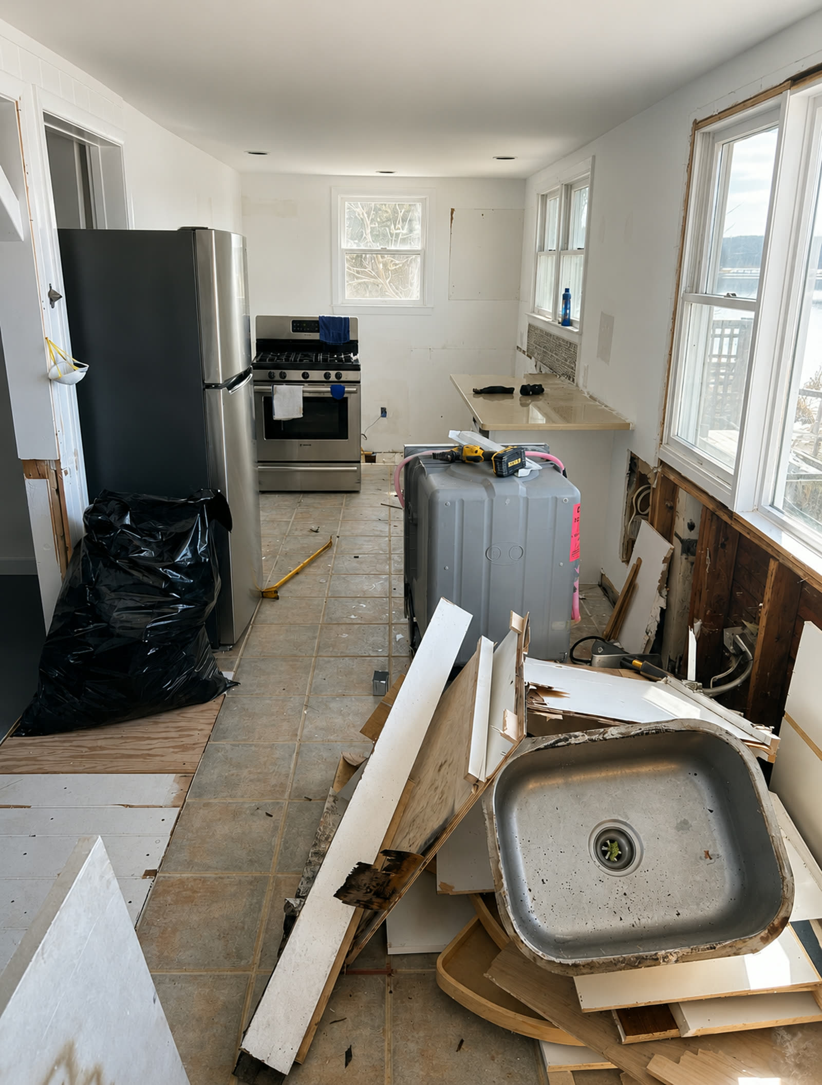 Kitchen before renovation during demolition with old cabinets and flooring removed