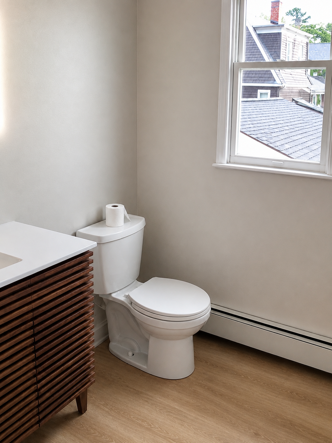 Finished bathroom with new toilet, warm wood-look flooring, and freshly painted walls